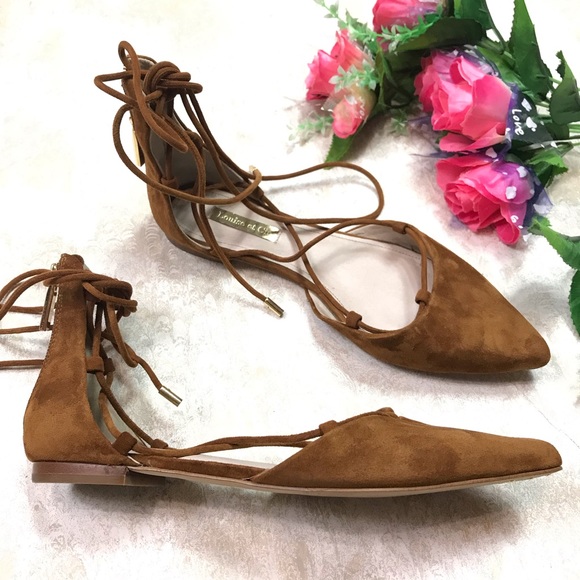 Louise et Cie Shoes - LOUISE ET CIE CAMEL SUEDE LACEUP ANKLE STRAP FLATS